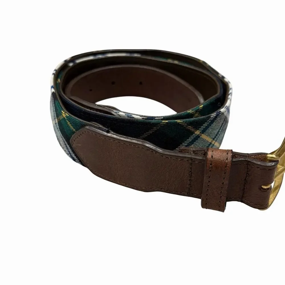 F.H. Wadsworth NYC Brown Leather Brass Belt Wool Tartan Plaid Green Yellow 38